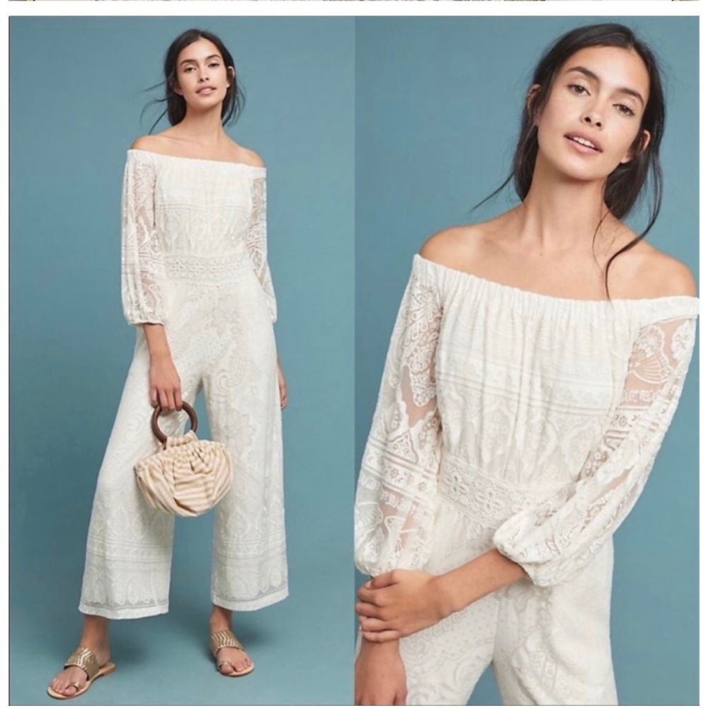 Farm‎ Rio for Anthropology Elliott off the shoulder white lace jumpsuit